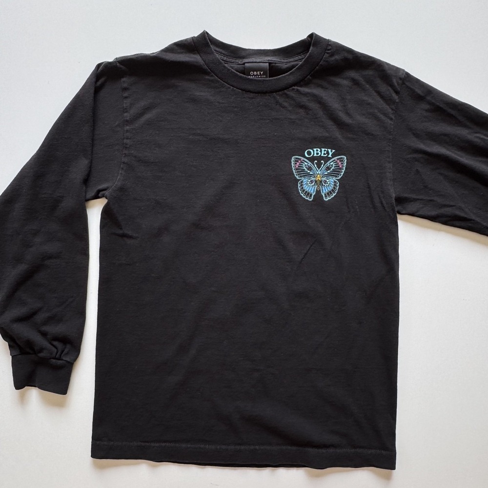 OBEY Butterfly Long Sleeve‎ T-Shirt Youth Boys Small Black Graphic Print Tee